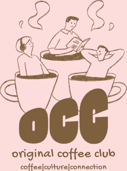 The Original Coffee Club: three friends sharing coffee, drawn by hand.